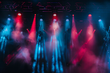 The stage of the concert is illuminated with colorful spotlights. Dark background, copy space...