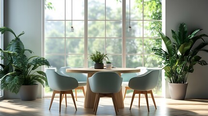 Modern living room interior design with mintcolored chairs surrounding a sleek round wooden dining table soft natural light pouring in through large windows minimalist decor