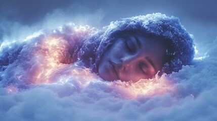 Fototapeta premium A dreamy portrait of a sleeping woman surrounded by soft winter elements, evoking a sense of peace and tranquility.