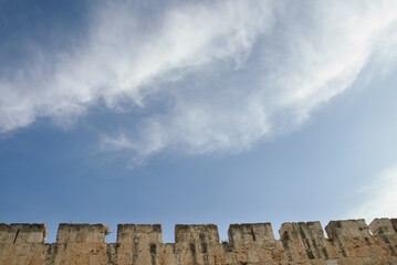 A detailed section of the stone ramparts and walls of the Old City of Jerusalem, Israel. © Yehoshua Halevi