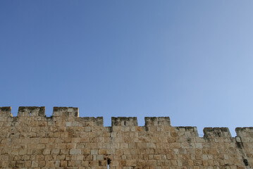 A detailed section of the stone ramparts and walls of the Old City of Jerusalem, Israel. © Yehoshua Halevi