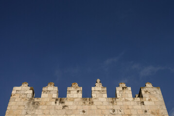 A detailed section of the stone ramparts and walls of the Old City of Jerusalem, Israel. © Yehoshua Halevi