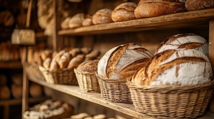 Shelves filled with an assortment of freshly baked loaves of bread.