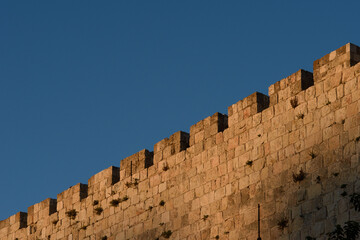 A detailed section of the stone ramparts and walls of the Old City of Jerusalem, Israel. © Yehoshua Halevi