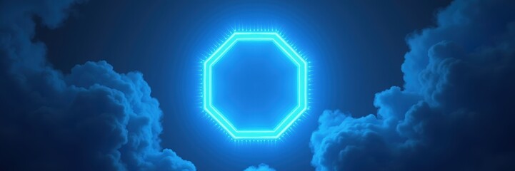 A glowing octagonal shape emerges from a mystical cloud background, perfect for futuristic designs, tech themes, or creative projects.