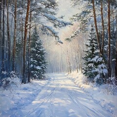 Snowy forest path.