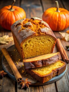 bread and pumpkin on a wooden table, delicious autumn food concept