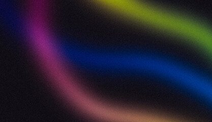 Dark glowing blue magenta green color wave grainy gradient backdrop design. Dark color flow wave shaped noisy gradient website header, poster, banner