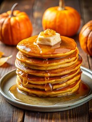 stack of pumpkin pancakes with honey on wooden table vertical autumn background, healthy eating concept