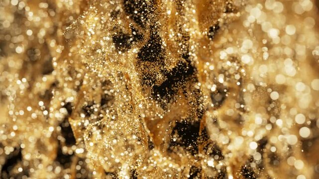 Slow-motion golden glitter backdrop with gold particles drifting gracefully against a dark background