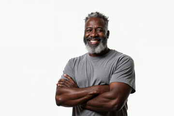 Joyful middle aged black man with beard and graying hair arms crossed in gray t shirt on white background