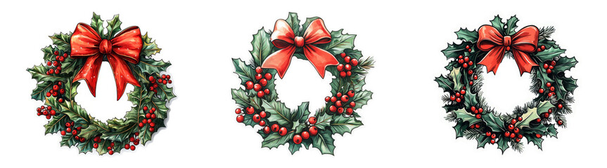 Stylized Christmas wreaths with holly berries isolated on transparent background perfect for Christmas product designs or holiday decor packaging