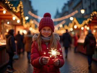 Obraz premium A young girl enjoys a sparkler at a bustling holiday market in the evening, surrounded by festive lights and decorations