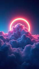 A stunning digital artwork featuring vibrant clouds illuminated by a glowing neon ring, evoking a sense of wonder and imagination. Perfect for creative projects or tech themes.