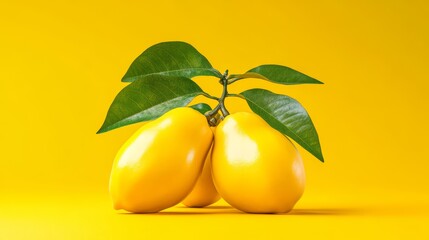 Three fresh lemons with green leaves on a vibrant yellow background.
