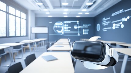 Obraz premium A sophisticated AI-driven virtual reality (VR) education platform, modern classroom setting with immersive VR learning tools and interactive educational content, Educational style