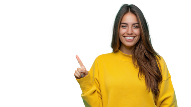 A smiling businesswoman points at you with confidence in a studio setting