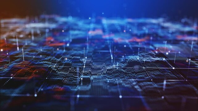 Flying through futuristic digital geology terrain, digital data telemetry and engineer topography with contour lines. 3D wireframe cartography concept. 