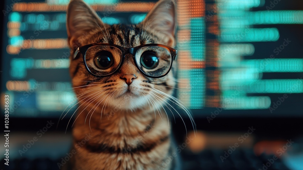 Poster cat with glasses sitting in front of a screen with a code