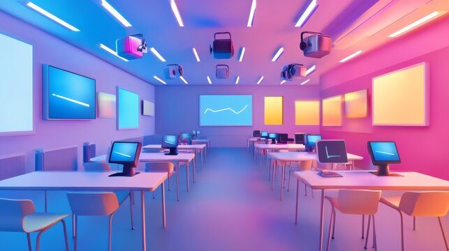 A sophisticated AI-driven virtual reality (VR) education platform, modern classroom setting with immersive VR learning tools and interactive educational content, Educational style