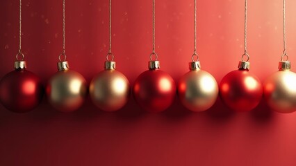 Obraz premium Hanging red and gold Christmas ornaments against a vibrant red background during the festive holiday season