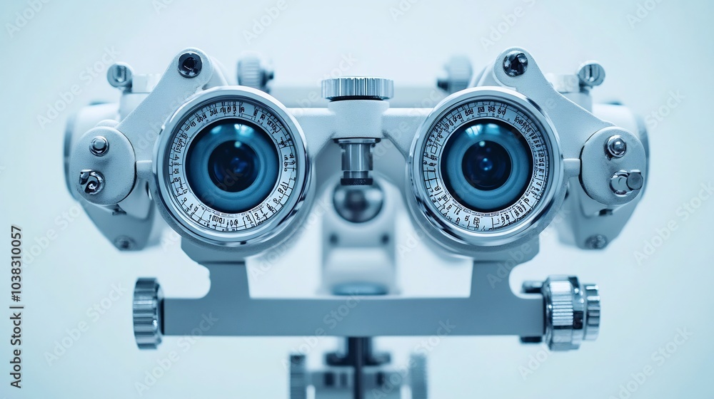 Poster phoropter eyesight measurement machine in focus with a clean backdrop representing eye health check 