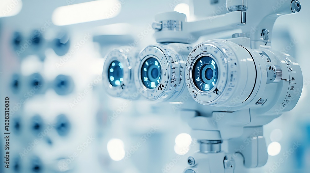 Poster phoropter eyesight measurement machine in focus with a clean backdrop representing eye health check 