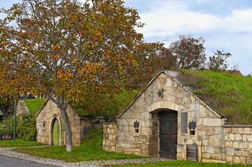Stone wine cellars in Purbach, Burgenland,Austria,autumn season