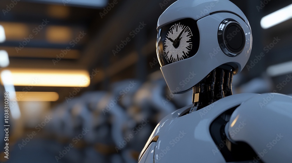 Poster A close-up of a white robot with a clock face for a head, surrounded by other robots in a futuristic factory.