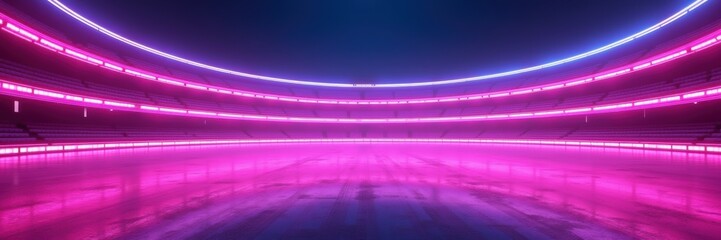 Futuristic arena with neon lighting and reflective floor, ideal for sports events, concerts, or immersive experiences.