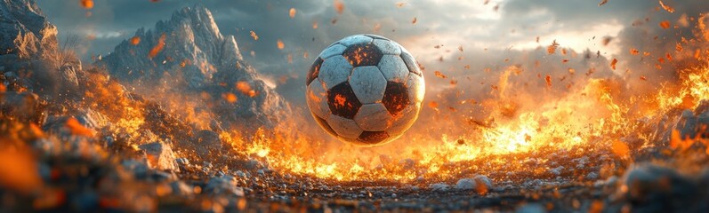 Naklejka premium Flames are flying around a soccer ball in a stadium