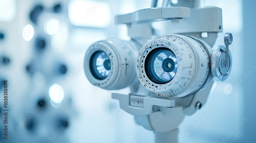 Poster phoropter eyesight measurement machine in focus with a clean backdrop representing eye health check 