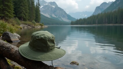 Adventure hat hanging on branch by lake shadow over mossy rocks serene waters reflect nature