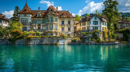 Obraz premium A picturesque view of the city's historic architecture along one side, with clear blue waters reflecting the sky and surrounded by lush greenery