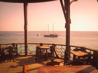 View from the hotel balcony of a beautiful yacht in the Red Sea of ​​Egypt