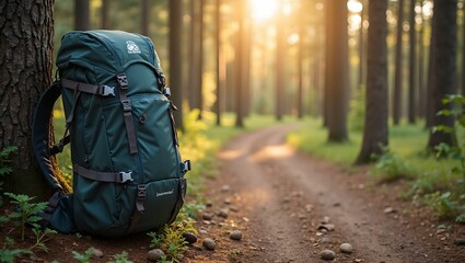 Outdoor backpack on tree stump in serene forest setting