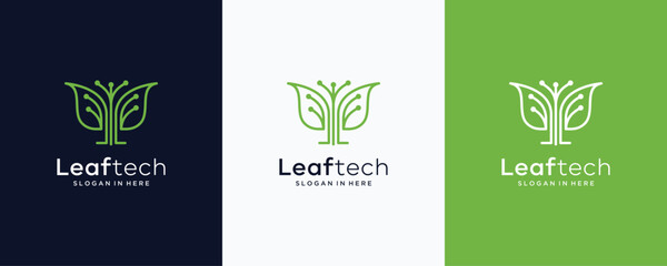 modern tech leaf electrical circuit digital logo vector icon illustration