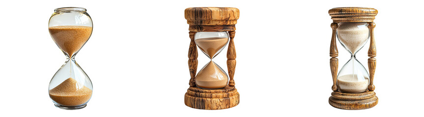 Classic Wooden Hourglasses Measuring Time for Educational Use on Transparent Background