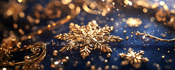Elegant Festive Winter Holiday Banner with Golden Baubles and Snowflakes