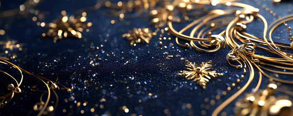 Luxurious Blue and Gold Glitter Christmas Holiday Banner with Snowflakes