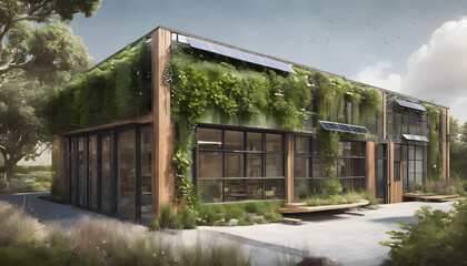 Fototapeta premium Sustainable building with solar panels, green wall, large windows, and reclaimed materials.
