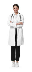 Fototapeta premium Smiling healthcare worker with stethoscope on white background