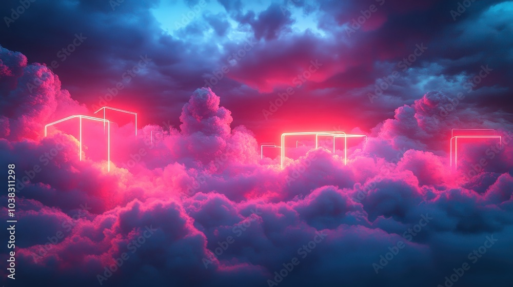 Poster neon glowing cube lines and fluffy twilight clouds on a dark background. creative concept of cloud s