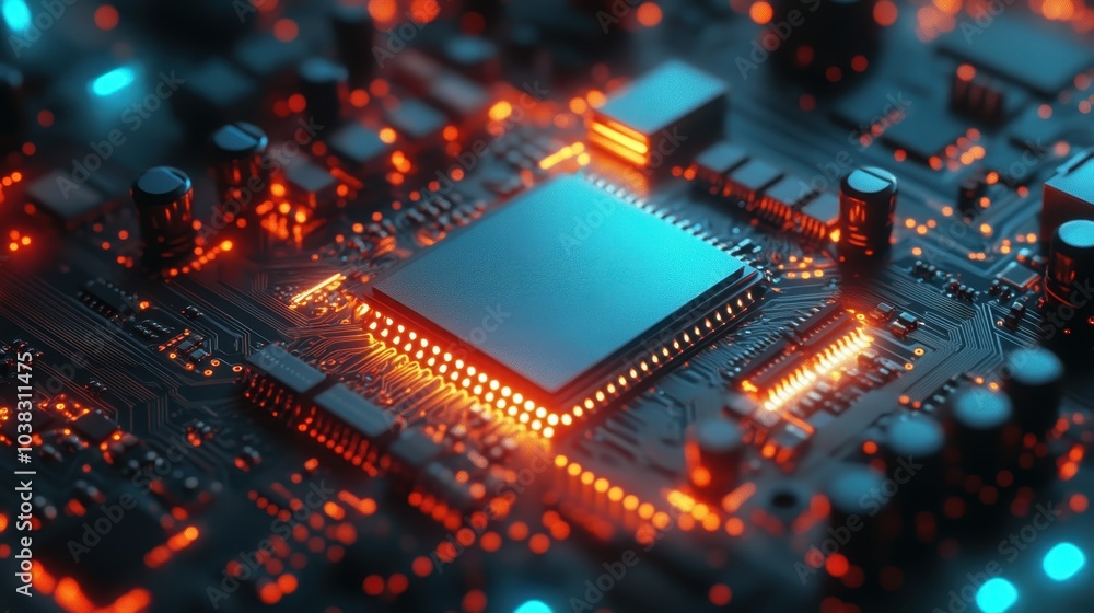 Poster close-up view of a modern microprocessor on a circuit board illuminated by blue led lights