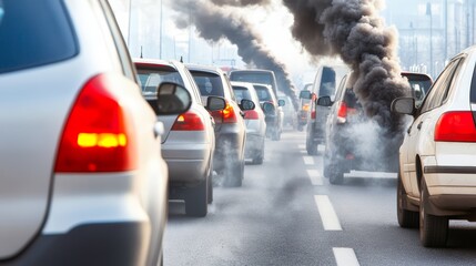 Traffic congestion with cars emitting exhaust smoke on urban road.