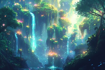 Obraz premium A densely forested fantasy landscape filled with towering trees and glowing greenery. floating island floating in the sky Connected by cascading waterfalls.