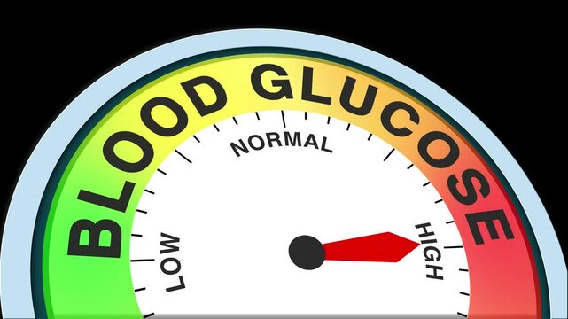 Blood Glucose Level Text or Word Low and Medium to High Meter Concept Animation on Black Background and Blue Screen