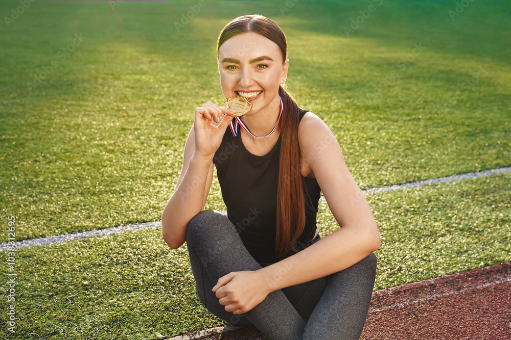 Wall mural Happy winner with golden medal at stadium