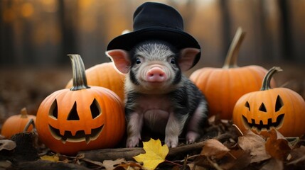 A pig wearing a hat stands in front of a pile of pumpkins