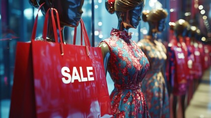 Red shopping bags with "SALE" written on them are displayed in a storefront window with mannequins wearing dresses.